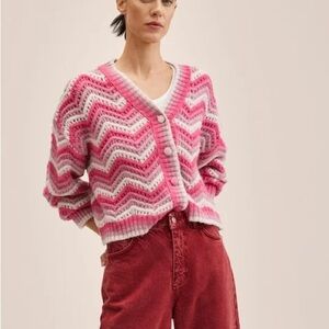 Mango Women’s Knit Cardigan Multicolor Pink Chevron 2XL